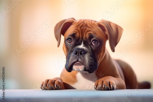 curious boxer dog lying down over a pastel or soft colors background © Markus Schröder