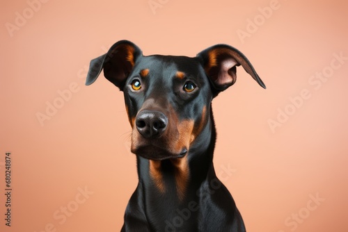 cute doberman pinscher sitting isolated on a pastel or soft colors background