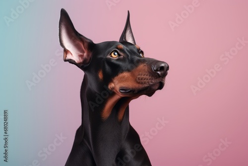 cute doberman pinscher sitting over a pastel or soft colors background