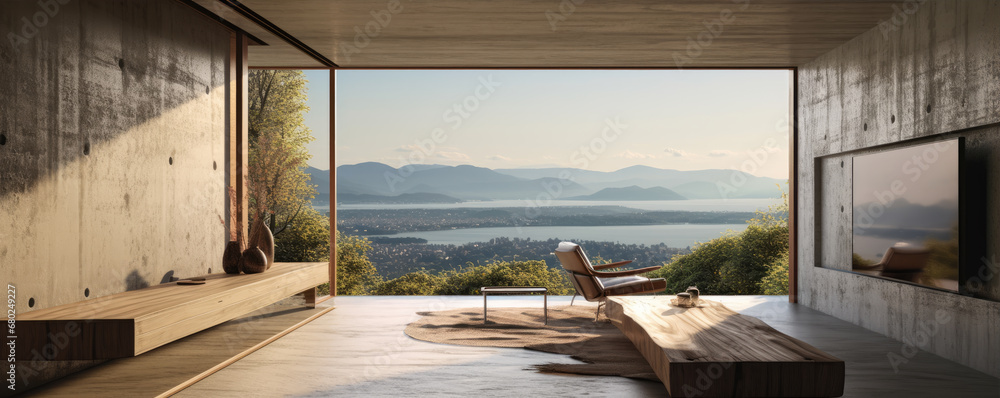 Luxury concrete light space room or livingroom design. Beautiful view on ocean and mountines.