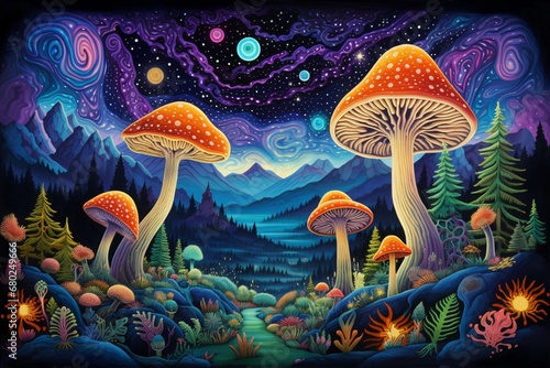 A surreal landscape unfolds  where detailed mushrooms with fluorescent caps emerge from a background adorned with celestial motifs.