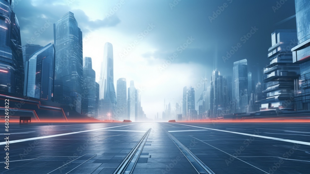 futuristic city, empty street, photo from ground level, copy space, 16:9 futuristic city, empty street, photo from ground level, copy space, 16:9