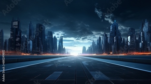 futuristic city, empty street, photo from ground level, copy space, 16:9 © Christian