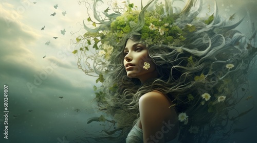 Illustration  woman as mother nature  copy space  16 9