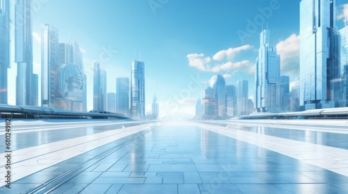 futuristic city, empty street, photo from ground level, copy space, 16:9 photo