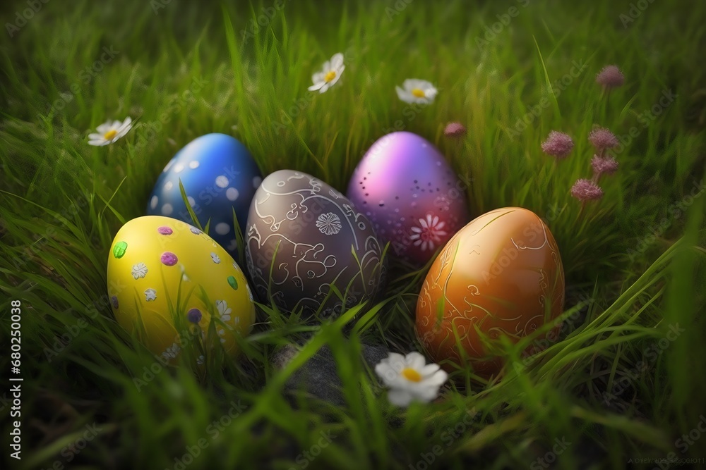 Colored easter egg in grass. Generative AI. Colored easter egg in grass. Generative AI.
