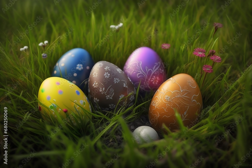 easter eggs in grass. Generative AI. easter eggs in grass. Generative AI.