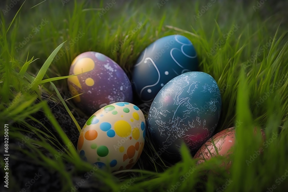 easter eggs in grass. Generative AI. easter eggs in grass. Generative AI.