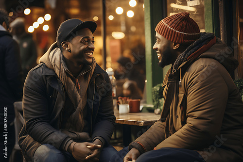 Dos hombres hablando y sonriendo