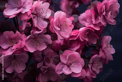  a bunch of pink flowers that are blooming in the dark night, with one blooming and the other blooming in the dark night.