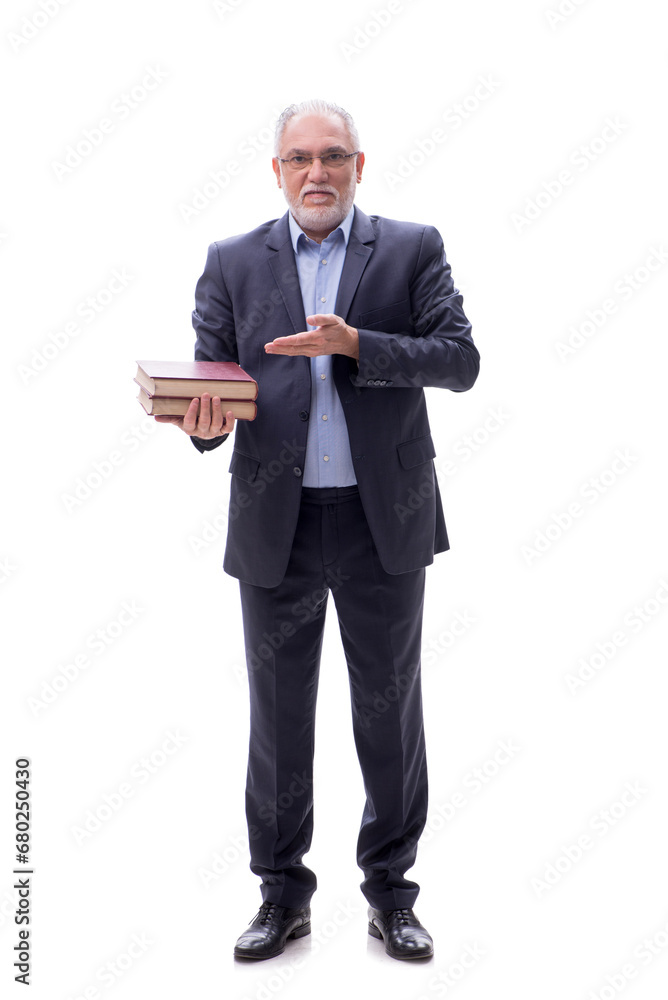 Old businessman holding books isolated on white Old businessman holding books isolated on white