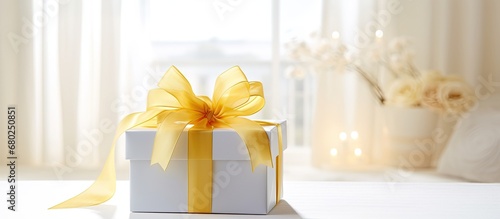 In a beautifully decorated white room with a faint glowing light, a ribbon-adorned gift box, isolated on a table, catches the eye with its vibrant yellow silk ribbon, adding a pop of color to the