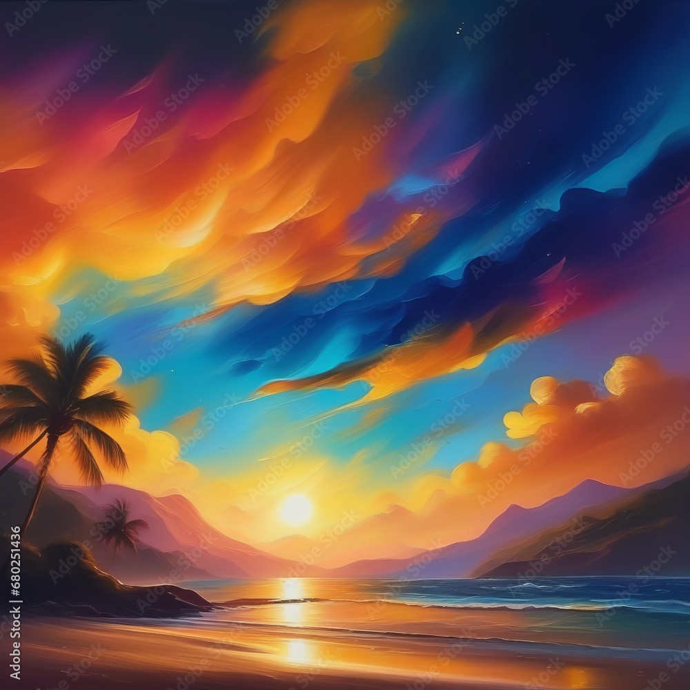 beautiful sunset over the sea beautiful sunset over the sea abstract painting with palm tree