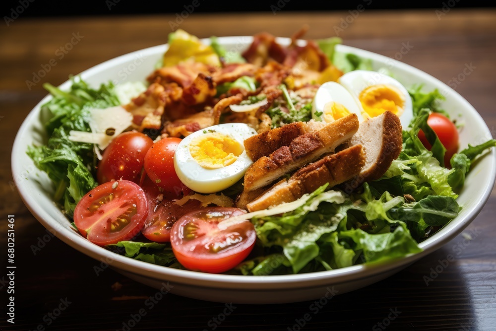  a salad with hard boiled eggs, bacon, tomatoes, lettuce, and tomatoes in a white bowl on a wooden table.