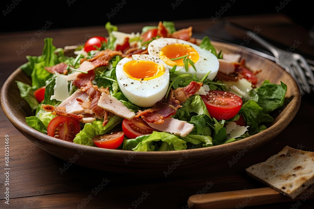 a salad with bacon, lettuce, tomatoes, and hard boiled eggs in a bowl on a wooden table. a salad with bacon, lettuce, tomatoes, and hard boiled eggs in a bowl on a wooden table.