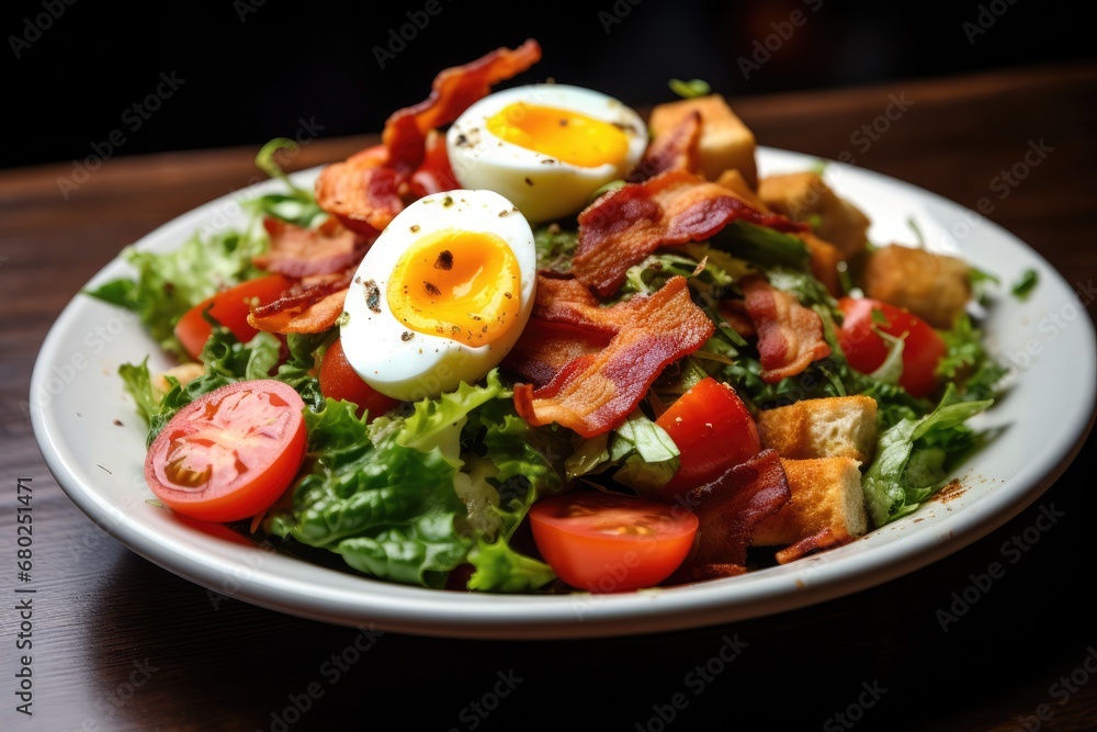 a plate of bacon, lettuce, tomato, and hard boiled eggs on a bed of lettuce. a plate of bacon, lettuce, tomato, and hard boiled eggs on a bed of lettuce.