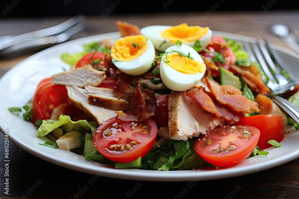  a close up of a plate of food with meat, tomatoes, eggs, and lettuce on it.