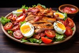  a salad with bacon, eggs, tomatoes, and lettuce on a plate with a side of ketchup.