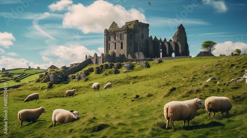 The rock of cashel in rural ireland on a sunny day with sheep grazing photography