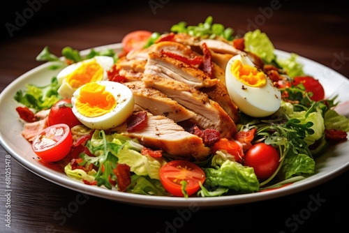  a close up of a plate of food with meat, eggs, tomatoes, lettuce and lettuce.