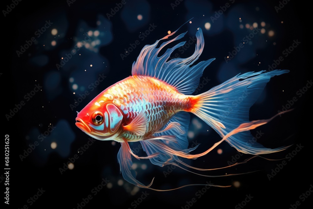  a close up of a goldfish on a black background with a blurry image of the head and tail of the fish.