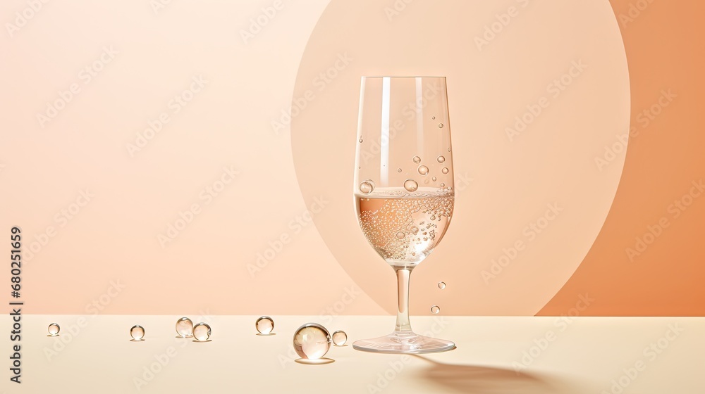  a glass of champagne sitting on top of a table next to a pair of glasses with drops of water on them.
