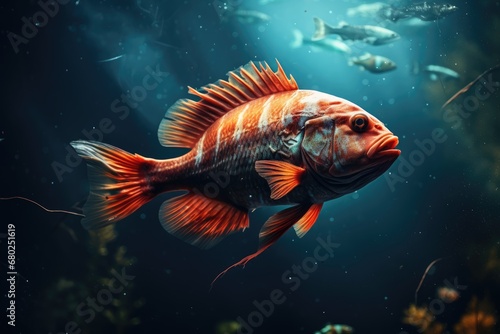  a fish swimming in an aquarium with other fish on the bottom of the water and on the bottom of the water.