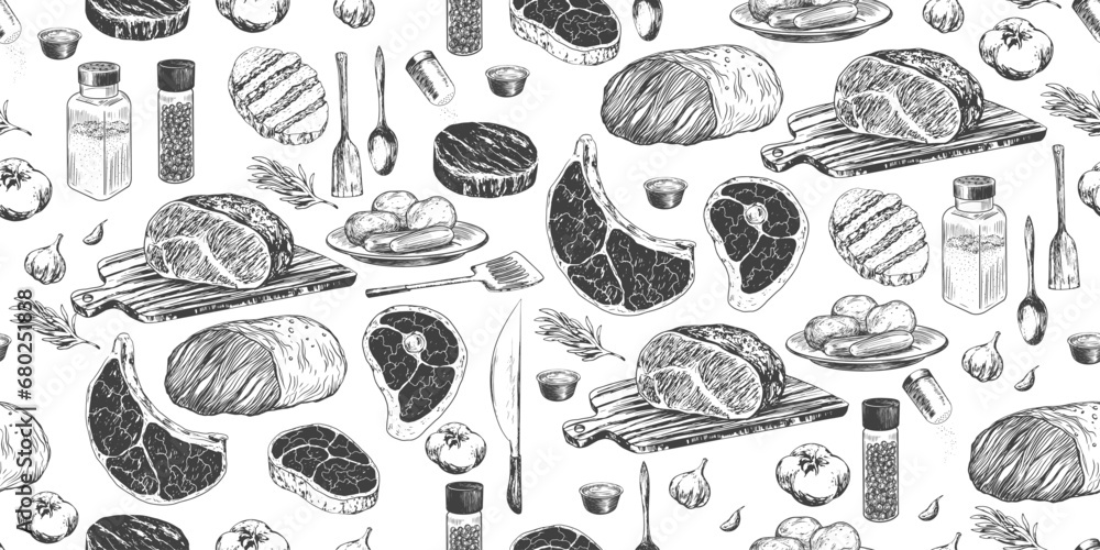 Seamless pattern with meat. Sketch style steak. Hand drawn ribeye steak, pork ham. Roast beef on cutting board. Bone in ribeye steak. Grilled meat. Spice jars, knife, kitchen utensils. Kitchenware