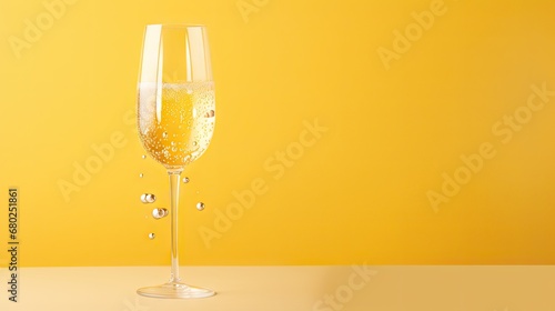  a glass of champagne on a table with a yellow wall in the background and bubbles coming out of the glass.