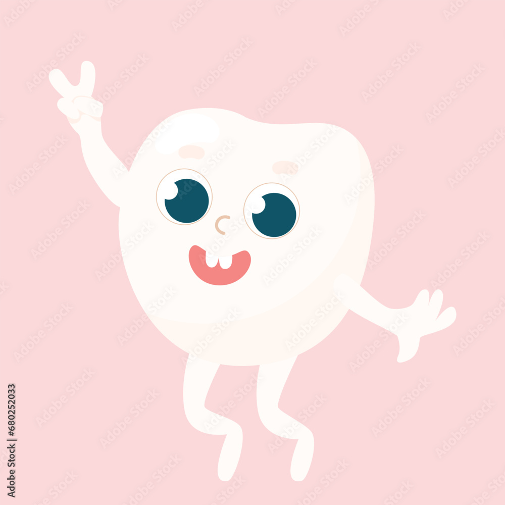 Little healthy baby tooth jumping and smiling big in cartoon style. Care and health of children's teeth. Little healthy baby tooth jumping and smiling big in cartoon style. Care and health of children's teeth.