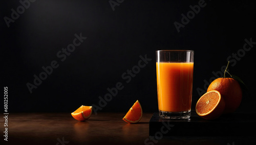  orange juice in black background with piece of orange, minimalist, background