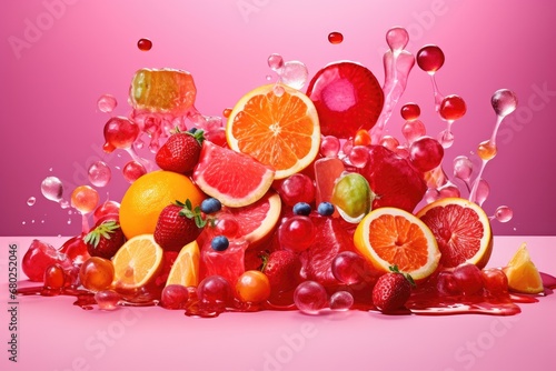  a bunch of fruit is falling into the air with a splash of water on the top and bottom of the image.