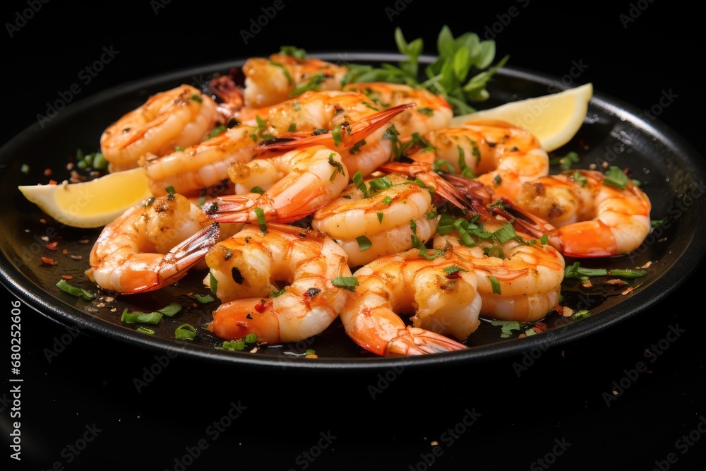 a plate of cooked shrimp with lemon wedges and garnished with parsley and garnished with parsley. a plate of cooked shrimp with lemon wedges and garnished with parsley and garnished with parsley.