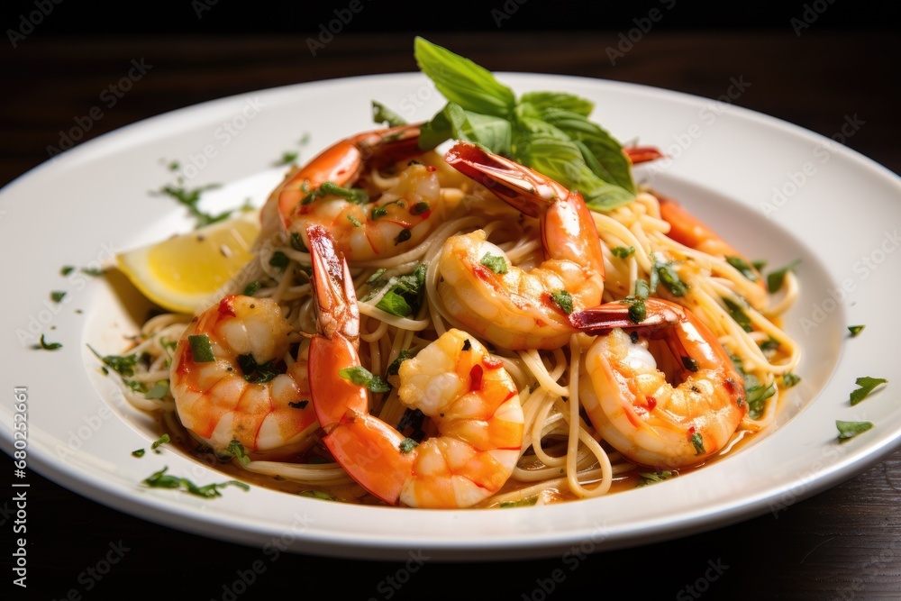 a plate of pasta with shrimp, lemon, and parsley garnished with parsley on the side. a plate of pasta with shrimp, lemon, and parsley garnished with parsley on the side.