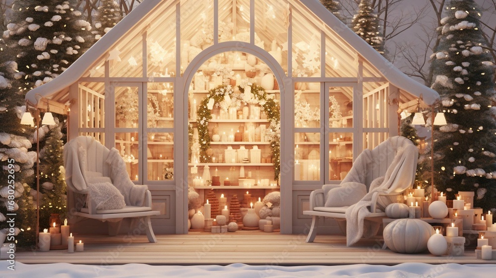 The interior of a light beige light white wooden greenhouse, Christmas atmosphere, winter, Christmas trees realistic beautiful spruce  
