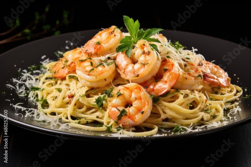  a plate of pasta with shrimp, parmesan, and parsley on a black plate on a wooden table.