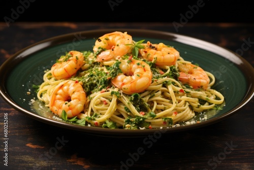  a plate of pasta with shrimp and broccoli garnished with parsley on a dark wooden table.