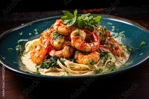  a plate of pasta with shrimp and parsley garnished with a garnish of parsley on top.