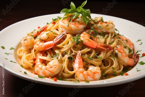  a plate of pasta with shrimp and parsley garnished with a sprig of parsley on top.