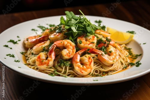  a plate of pasta with shrimp and parsley garnished with lemon wedges and parsley garnished with parsley.