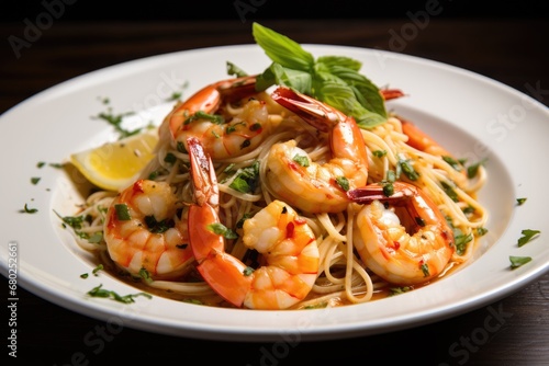  a plate of pasta with shrimp, lemon, and parsley garnished with parsley on the side.
