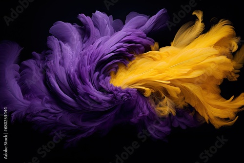  a purple and yellow feather is flying in the air with it's tail feathers are yellow, purple, and yellow.