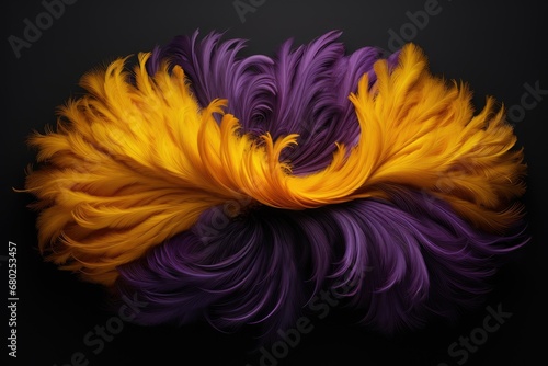  a yellow and purple feathered object on a black background in the shape of a spiral of a ball of yarn.