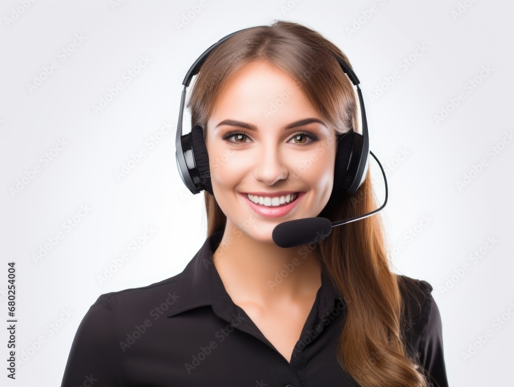 Half body photo of happy Caucasian call center worker with headphones standing with isolated white background Half body photo of happy Caucasian call center worker with headphones standing with isolated white background