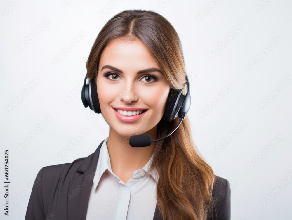 Half body photo of happy Caucasian call center worker with headphones standing with isolated white background Half body photo of happy Caucasian call center worker with headphones standing with isolated white background