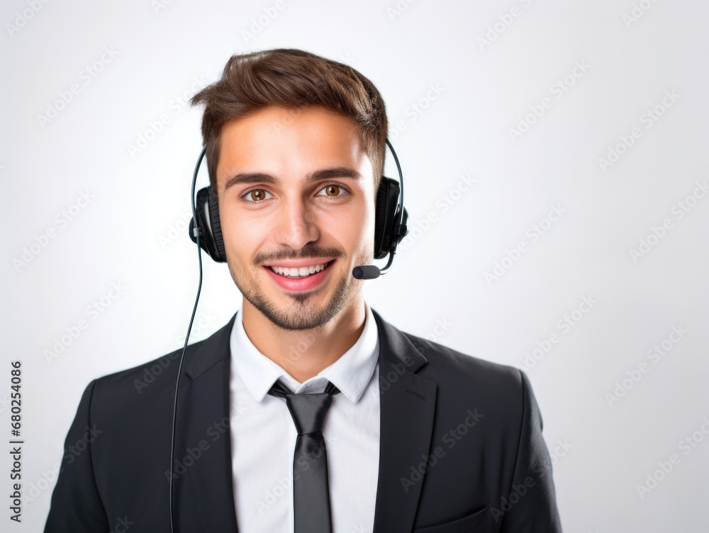 Half body photo of happy Caucasian call center worker with headphones standing with isolated white background Half body photo of happy Caucasian call center worker with headphones standing with isolated white background