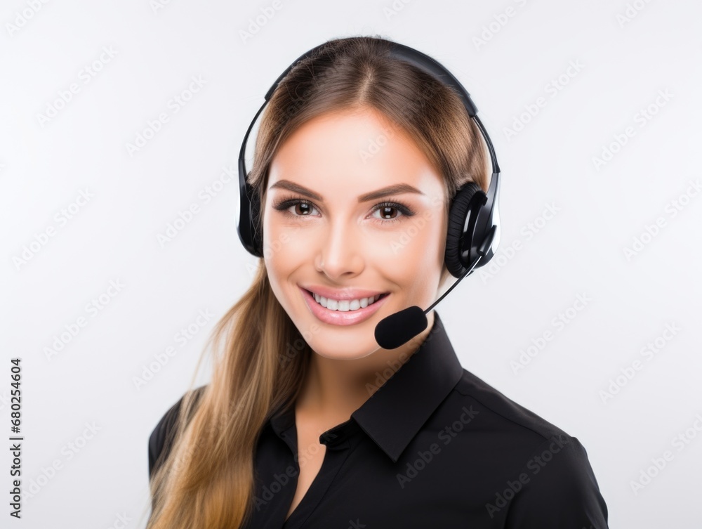 Half body photo of happy Caucasian call center worker with headphones standing with isolated white background Half body photo of happy Caucasian call center worker with headphones standing with isolated white background