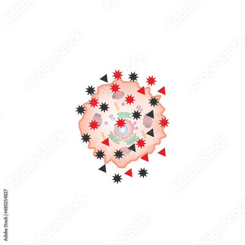 Oxidative stress. Free radicals cause oxidation of the cellular membrane proteins and lipids, and damage of the cellular components. vector illustration