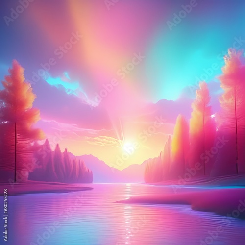 3d illustration of a sunset with beautiful landscape 3d illustration of a sunset with beautiful landscape beautiful sunset over lake with trees and mountains  3d rendering