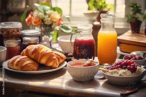  a breakfast of croissants, fruit, juice, and muffins sits on a table in front of a window.